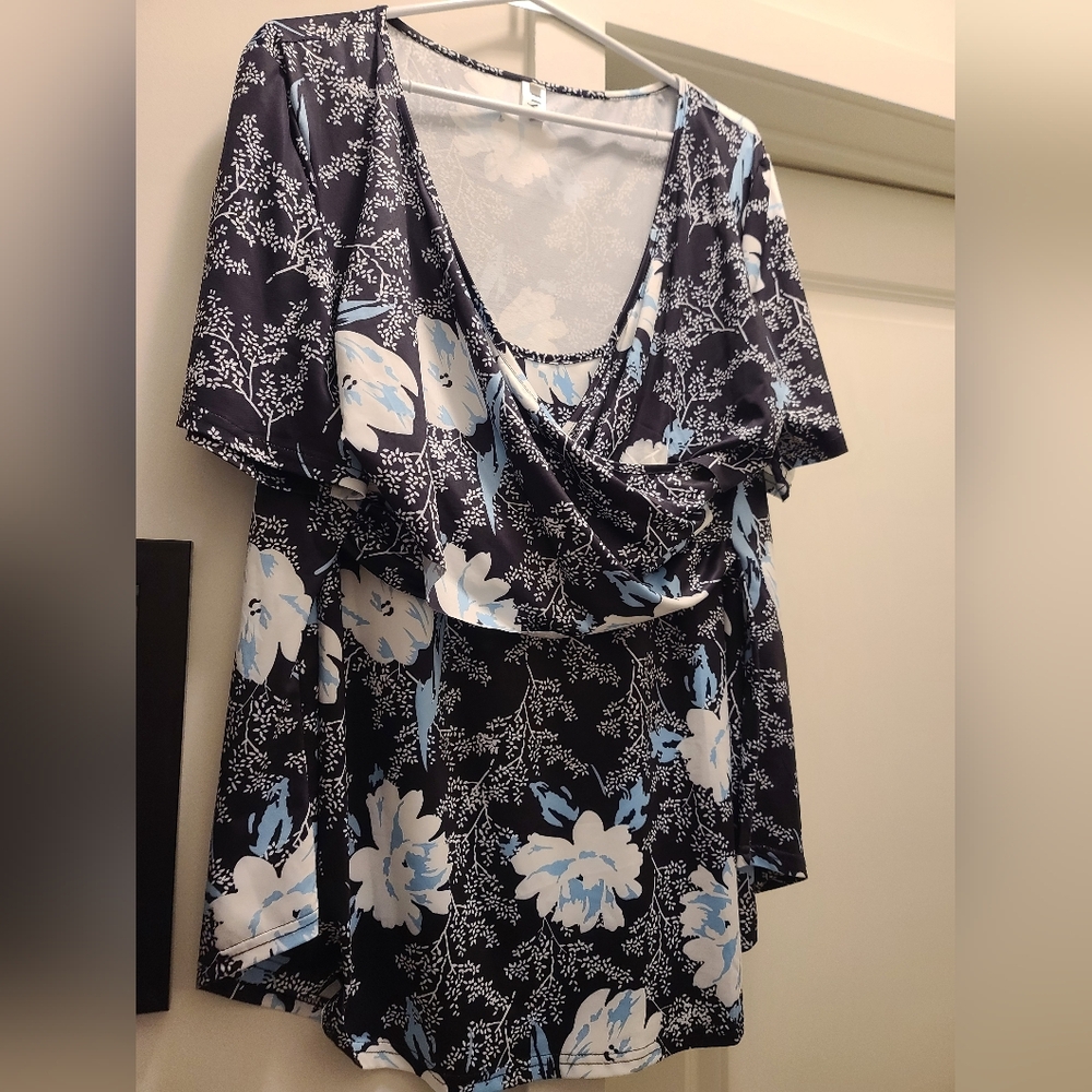 Floral Wrap Blouse with Flutter Sleeves in Black and Blue